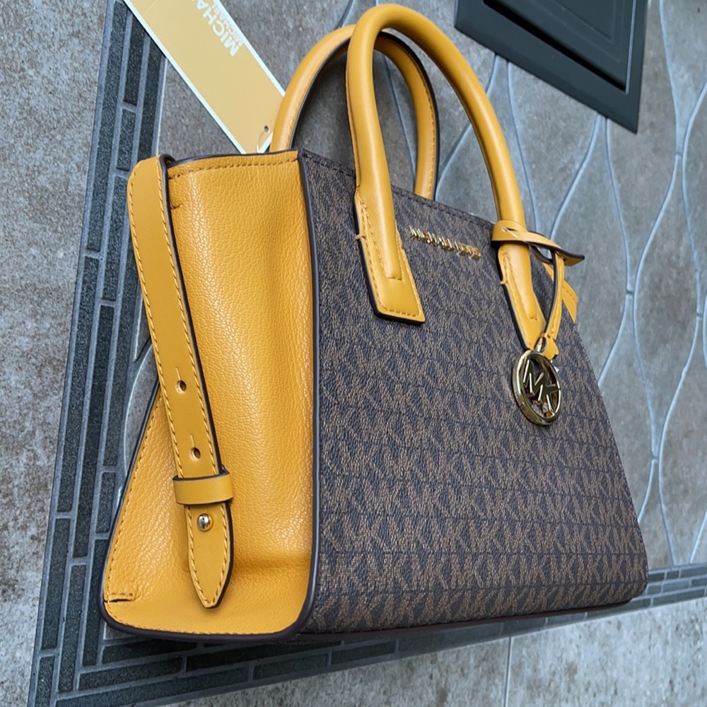 Michael Kors Avril Small Marigold Signature PVC Top Zip Satchel Crossbody Bag - Picture 2 of 16